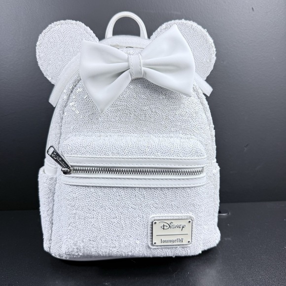 Loungefly Disney Minnie White Sequin Wedding Mini Backpack